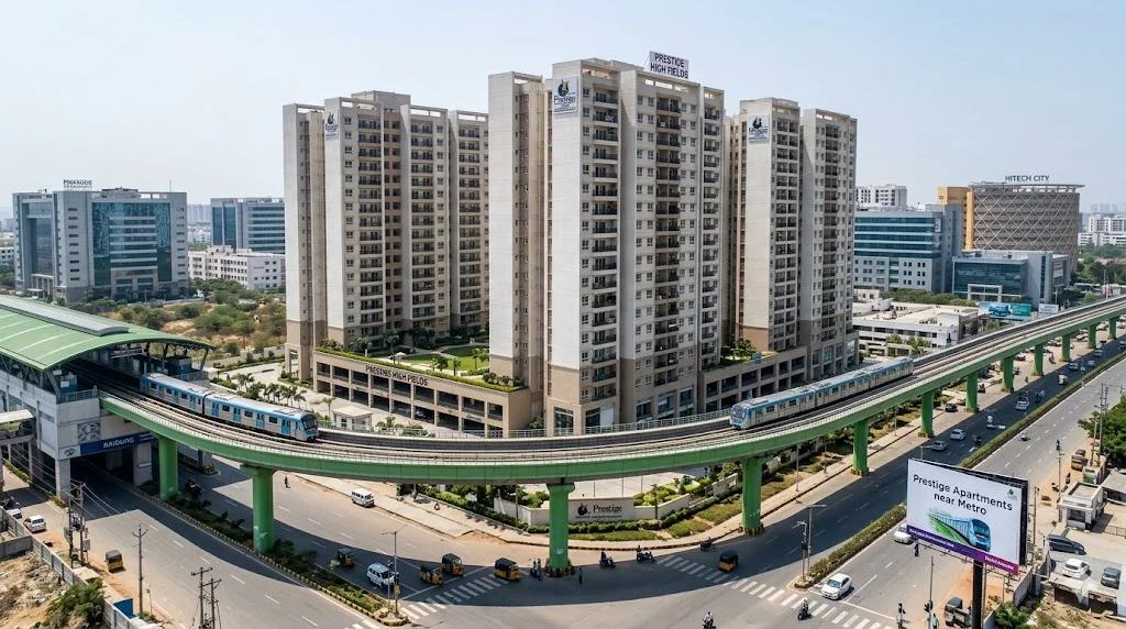 Exterior view of premium luxury apartments by Prestige Group conveniently located near major metro stations in Hyderabad.